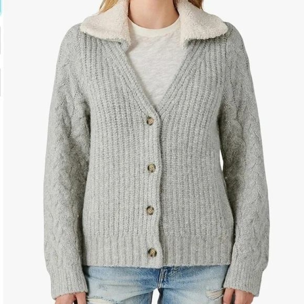 Lucky Brand Women's Gray Wool Blend Cable Knit Cardigan Sweater Size XL
